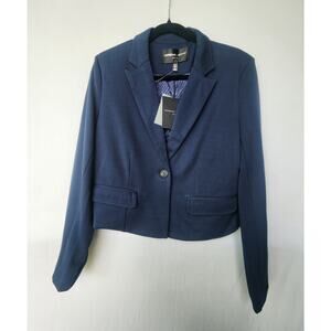 Adrienne Landau Onyx Cropped Blazer Jacket Navy Blue One Button Career sz M NWT